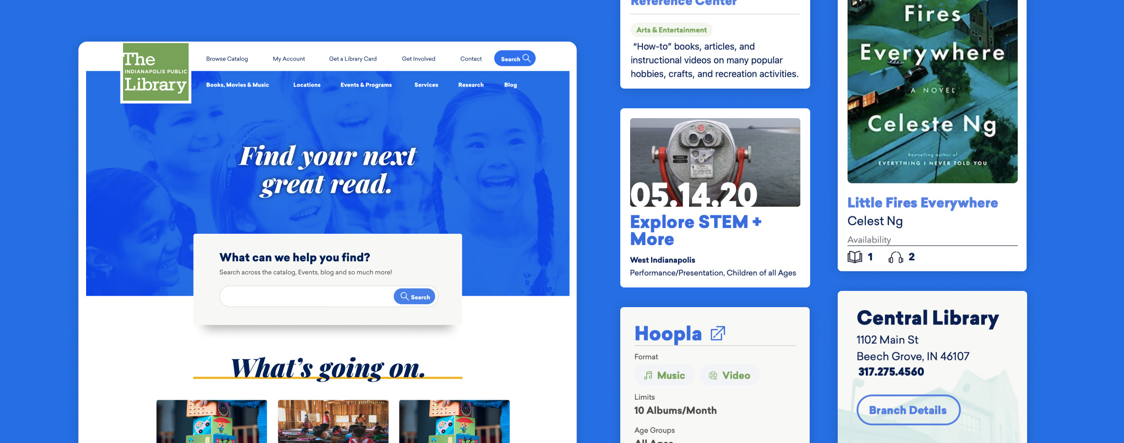 View of Homepage of IndyPL.org alongside several design components used across site.