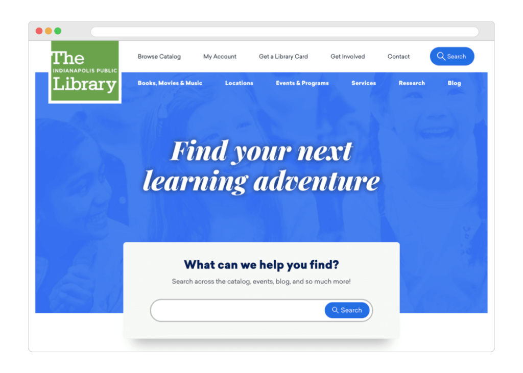 Screenshot of homepage for Indianapolis Public Library website